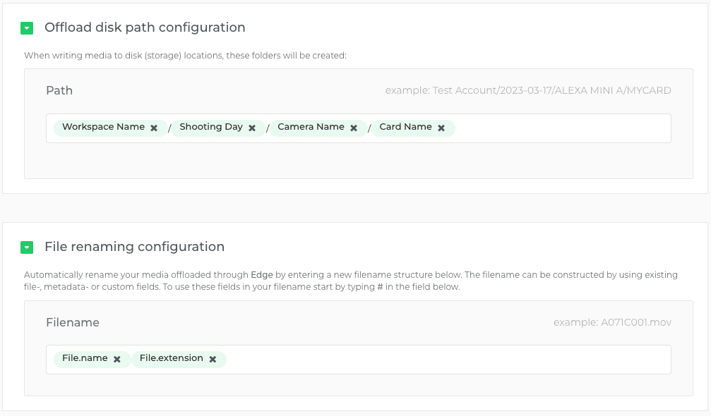 Limecraft screenshot fragment illustrating how a system administrator can modify offload paths and file naming conventions