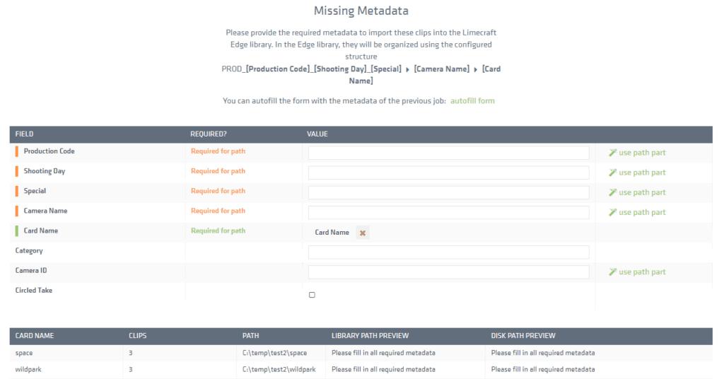 Screenshot fragment of Limecraft Edge, where the fields defined in the import path appear as mandatory metadata